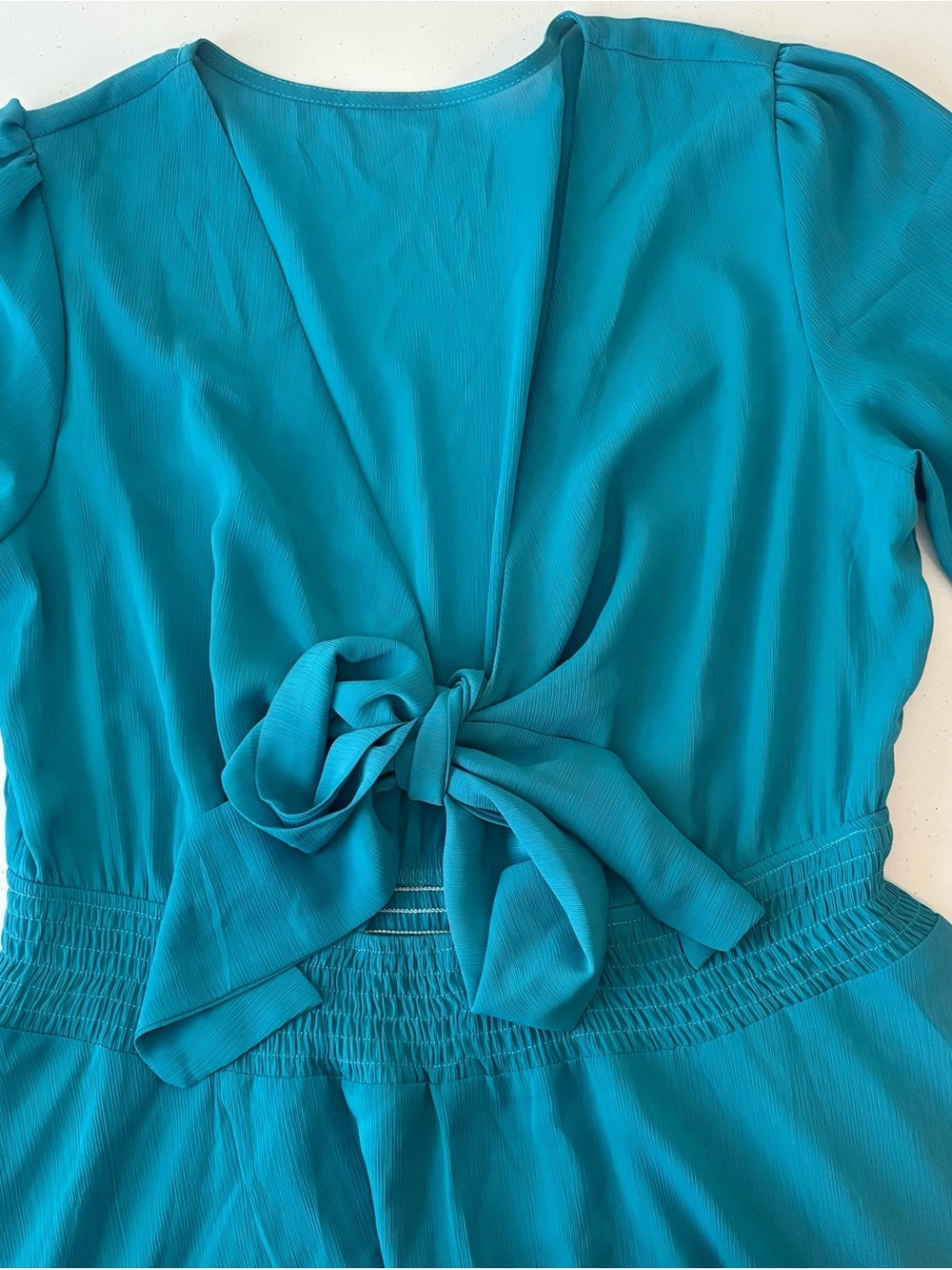 Teal Long-Sleeve Tie-Front Ruffle Mini Dress - Picture 4 of 5